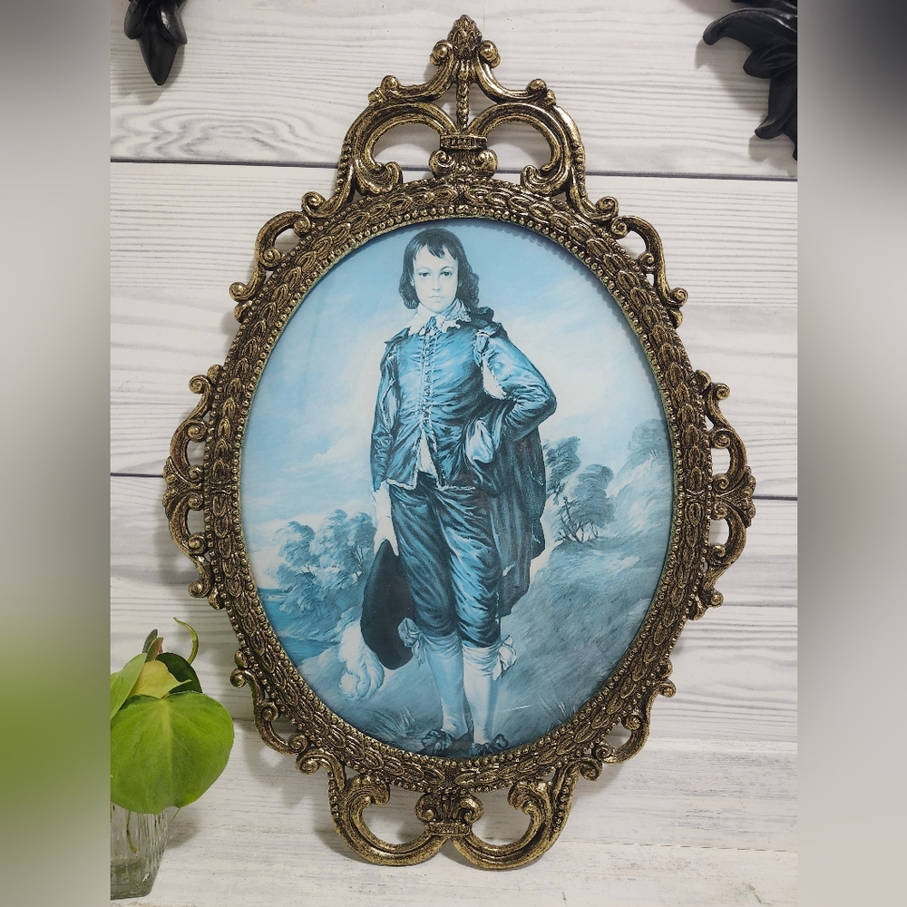 Vintage "Blue Boy" Oval Brass Ornate Bubble Glass Framed Portrait 17x12 Inch